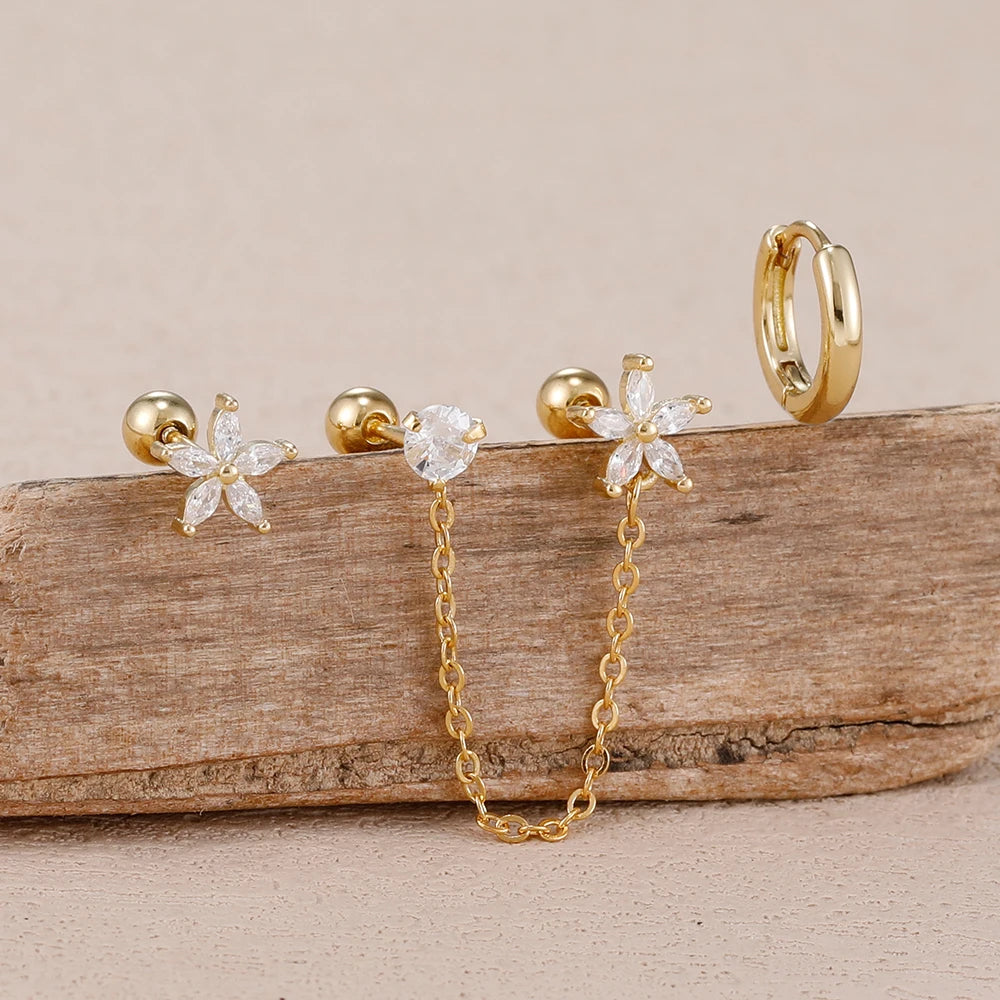 3PCS Stainless Steel Zircon Flower Star Ear Stud Earrings Set 14K Gold Plated Chain Cartilage Piercing Earring Women's Jewelry