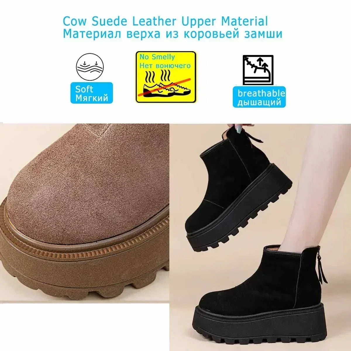 Fujin 7cm Suede Cow Genuine Leather Snow Boots Women Ankle Booties Platform Wedge Winter Plush Chelsea Boots Shoes for Women