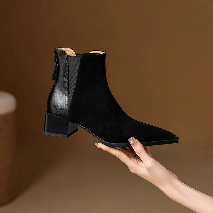 Autumn Winter Women Thick Heel Ankle Boots Elegant Back Zippers Shoes Modern Leather Suede Splicing Short Botas Para Mujer