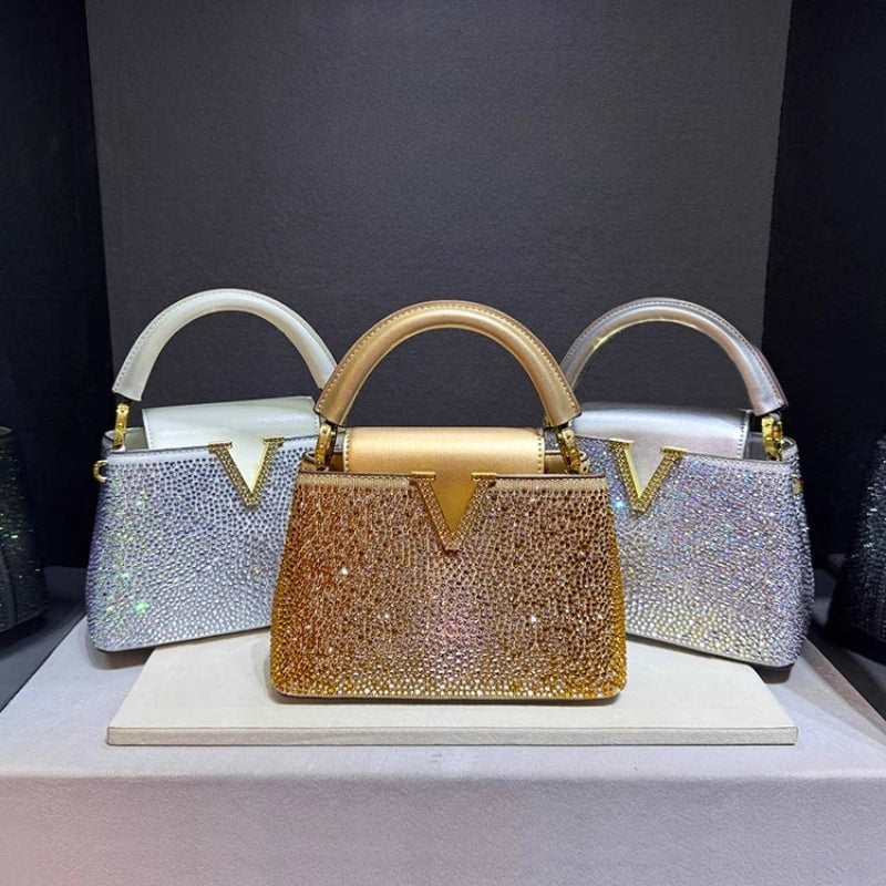 Luxury Brand Leather Diamond Handbag Rhinestone Shoulder Cross-body Tote Bags for Women Bolso Marca Lujo