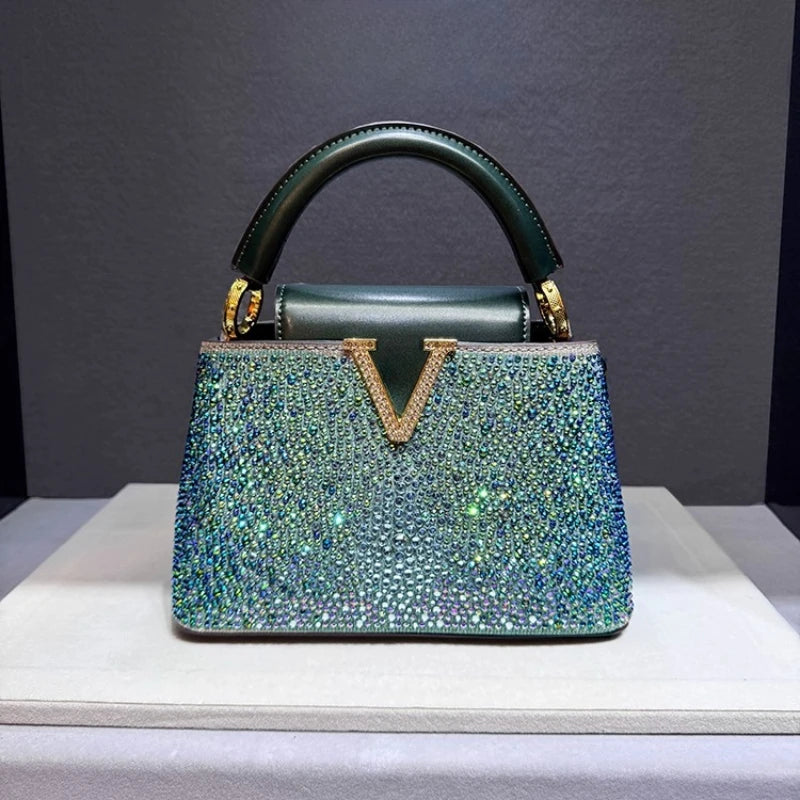 Luxury Brand Leather Diamond Handbag Rhinestone Shoulder Cross-body Tote Bags for Women Bolso Marca Lujo