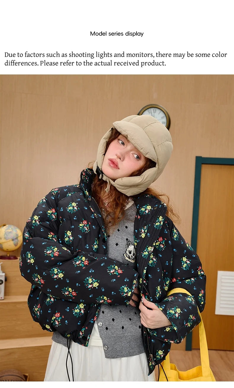 2025 Brand New Women's Short Puffer Jacket for Petite Printed Quilted Coat Loose Fit Casual Winter Bomber Stand Collar Outerwear