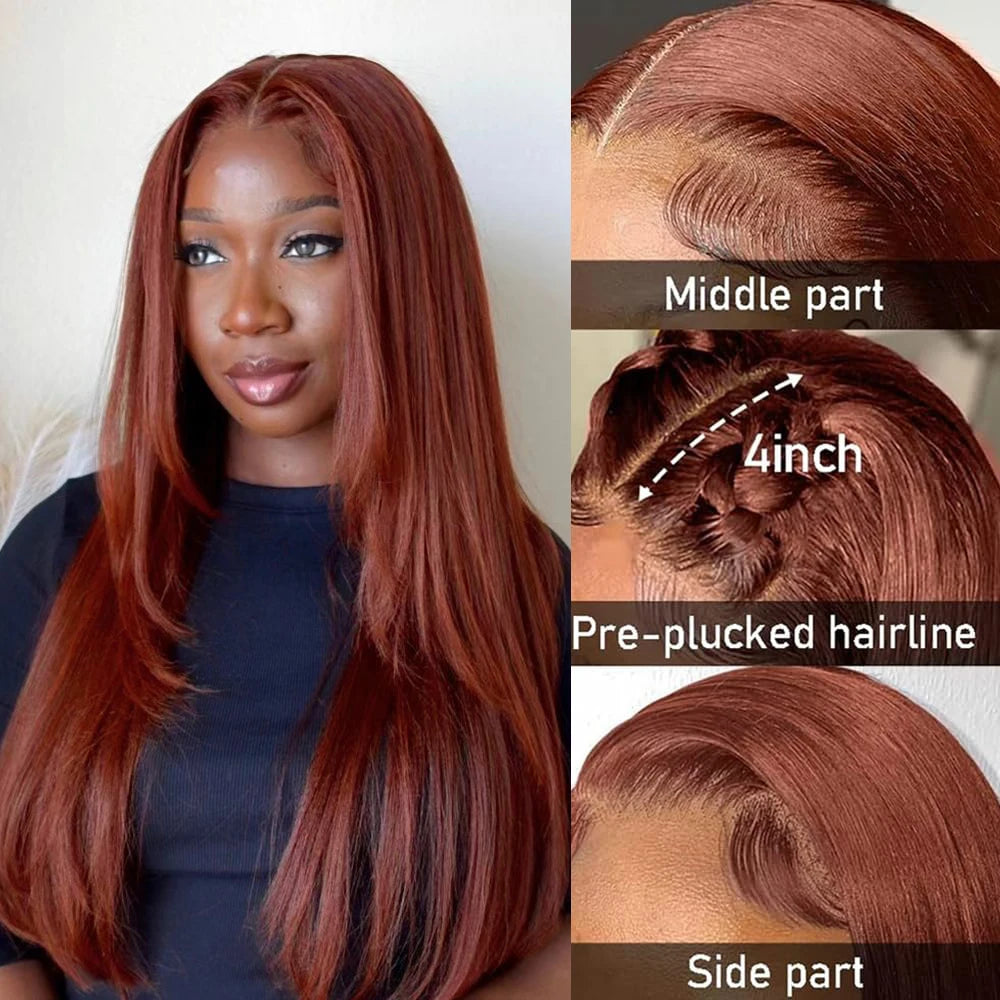 Copper Red Layered Cut Lace Front Wigs Reddish Brown Straight Lace Frontal Wig Layered Glueless Wigs Synthetic Butterfly Haircut