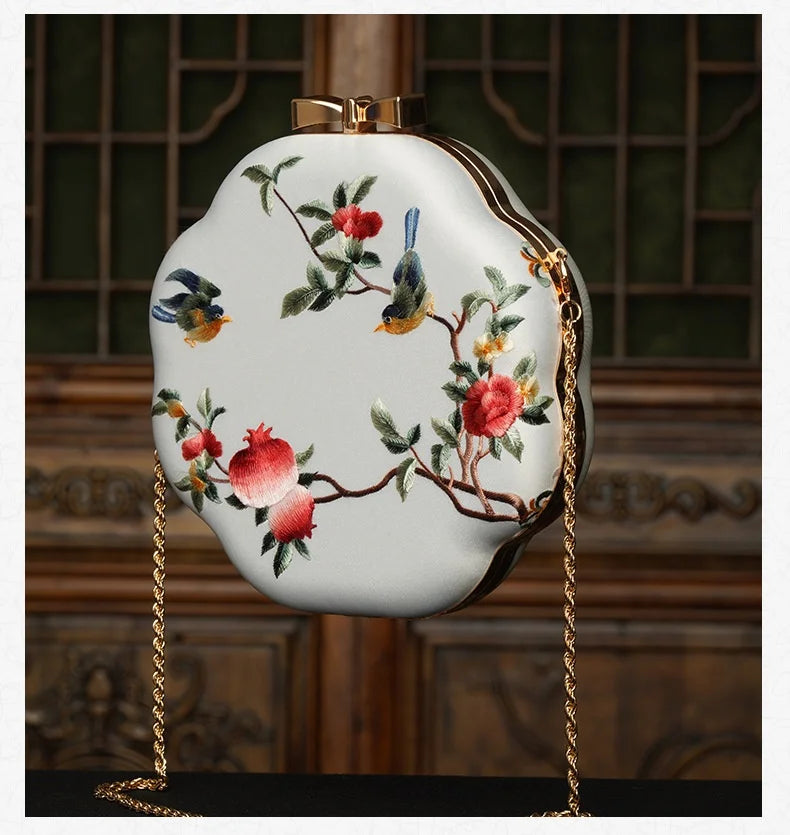 Cape-Bay Retro Versatile Women's Small Round Bag Mini Bag Chain Bag Bead Bag New Middle-Aged Mother Bag Ethnic Style Flower and Bird Embroider Shoulder Bag Crossbody Bag Wedding Banquet Wedding Bag with Cheongsam Bag Hard She