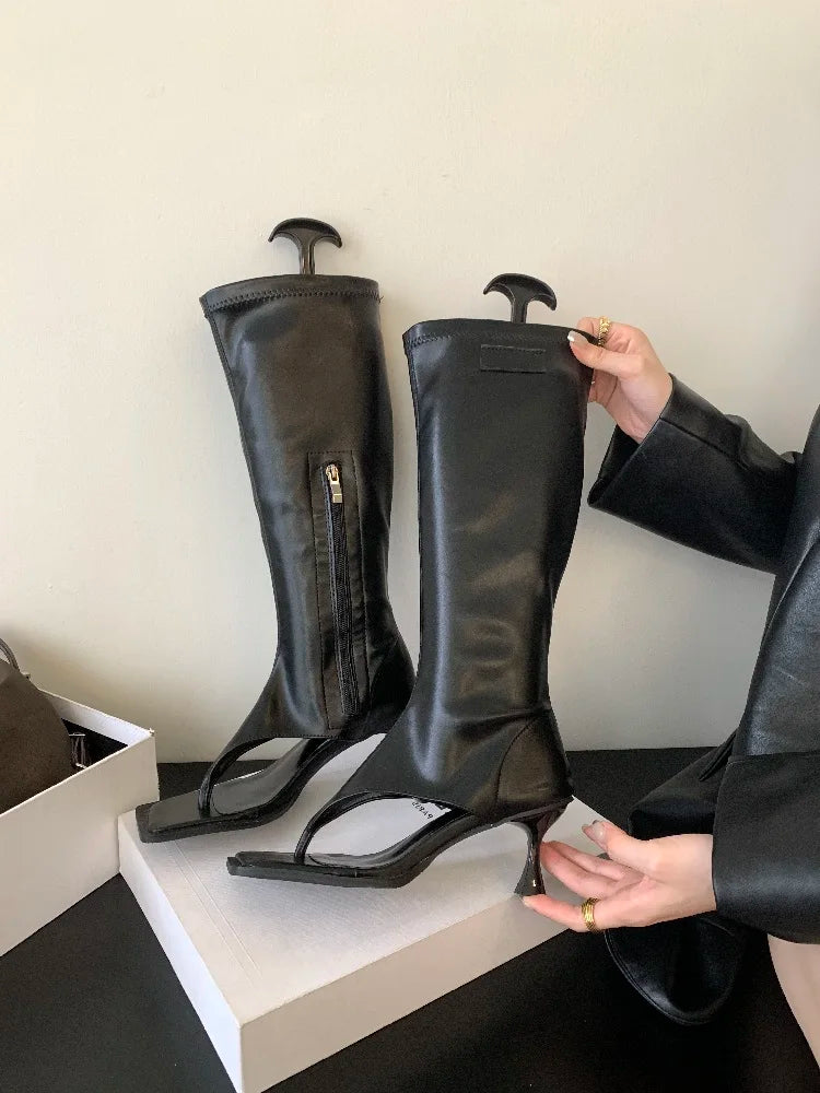 Eilyken Black Open Toe Clip-On Knee High Boots Women Modern Booties Thin Low Heels Side Zipper Spring  Party Pumps Sandals Shoe