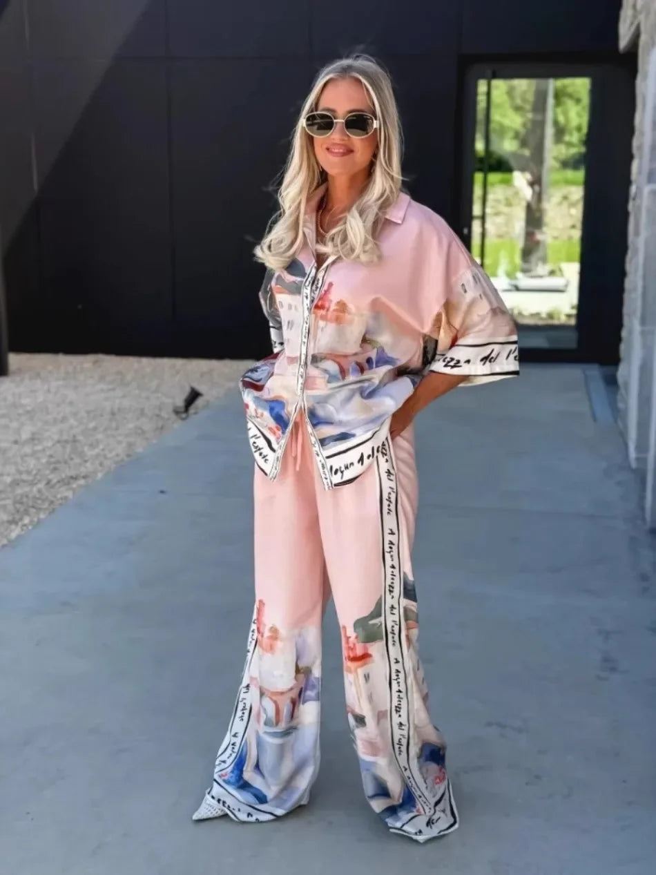 2 Pieces Set for Woman Summer New Elegant Printed Half Sleeves Shirt Tops Suits Fashionable Casual Loose Wide Leg Pants Sets