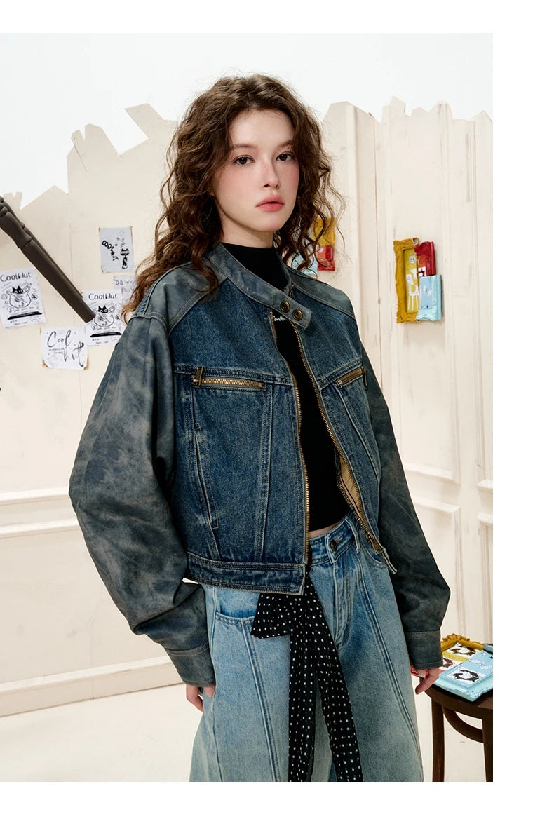 COOLHUT New Arrival Women's 2025 American Style Denim Jacket Stand Collar Color Block PU Trim Slim Fit Casual Fall Outerwear