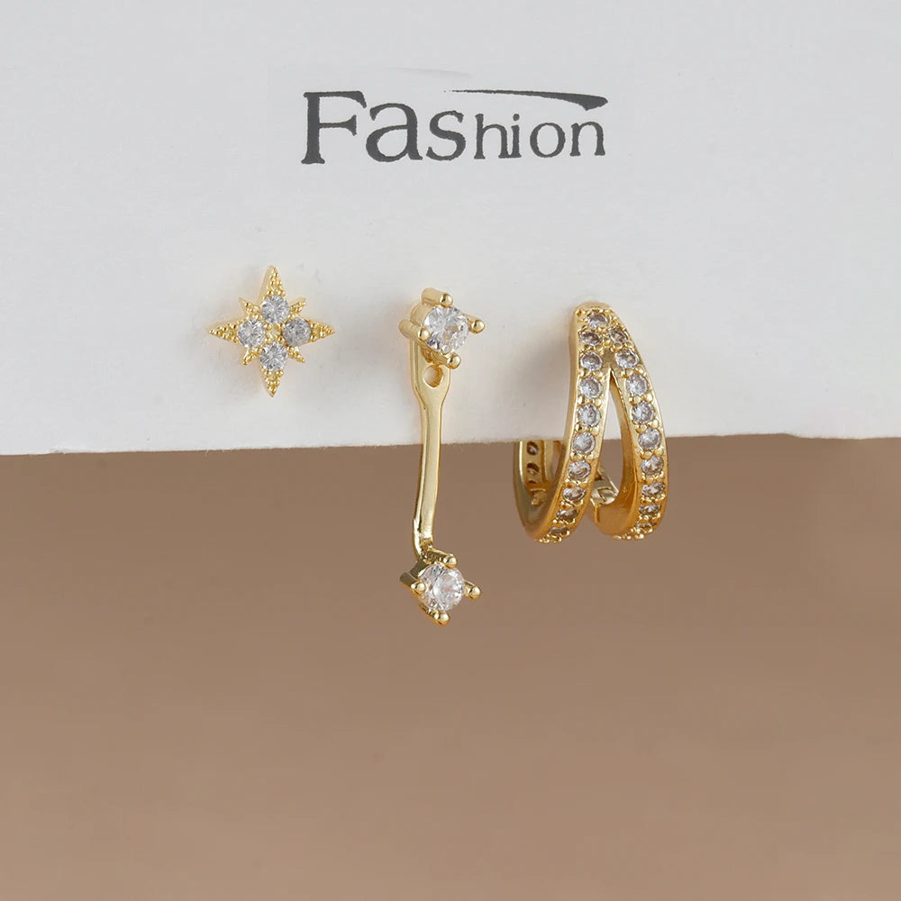 3PCS Trendy Double-layer Circle Cubic Zircon Star Hanging Earrings Set For Women Korean Fashion Jewelry pendientes mujer