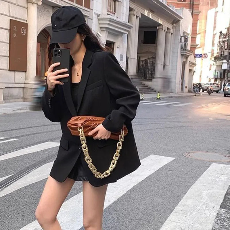 Autumn Winter Black Blazers for Women Fashion Streetwear Single-Breasted Small Suit Jacket Casual Loose Long Sleeve Outerwear