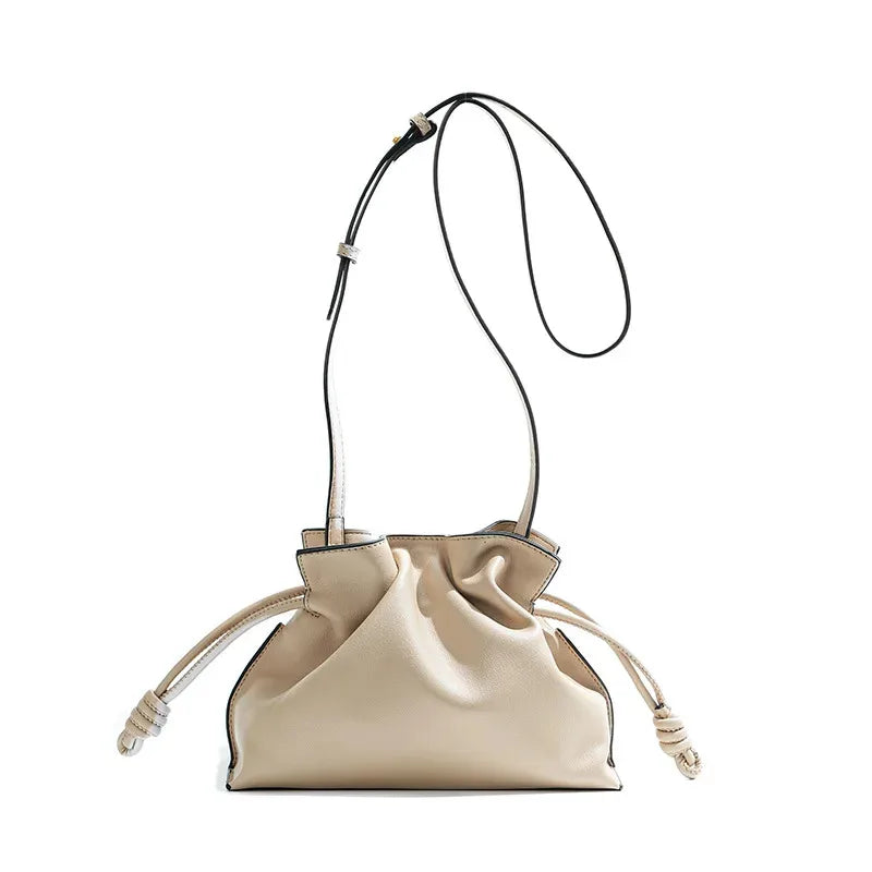Classic Flamenco Lucky Bag, Genuine Leather Cloud Bag with Drawstring, Shoulder Bucket Bag for Women, Autumn and Winter