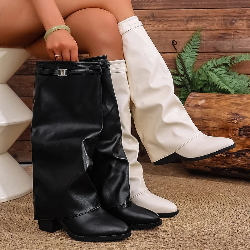 Fashion Fold Over Knee High Boots for Women Slip On Chunky High Heel Shark Boots Woman Wide Leg PU Leather Long Botas Mujer 2025