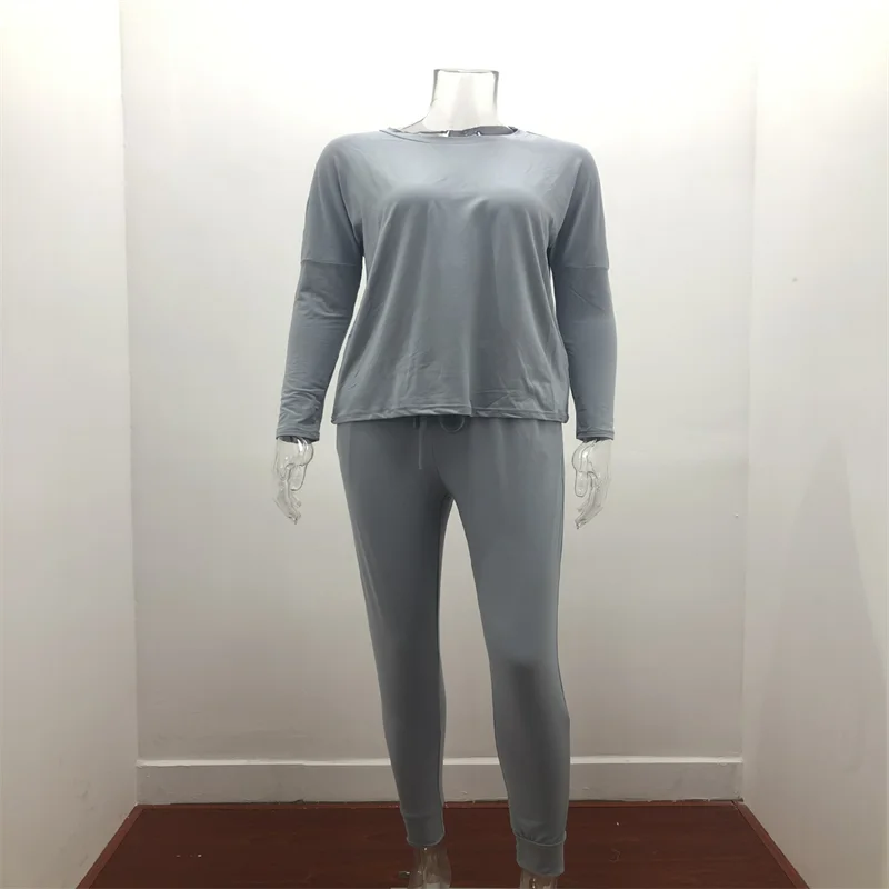 Hot Women's Long Sleeve Round Neck Top and Pants Set Simple Solid Colour Pajama Set Casual O Neck Two Piece Outfit