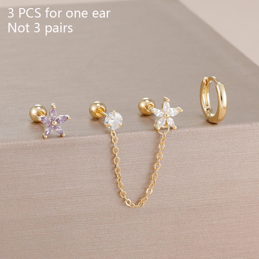 3PCS Stainless Steel Zircon Flower Star Ear Stud Earrings Set 14K Gold Plated Chain Cartilage Piercing Earring Women's Jewelry