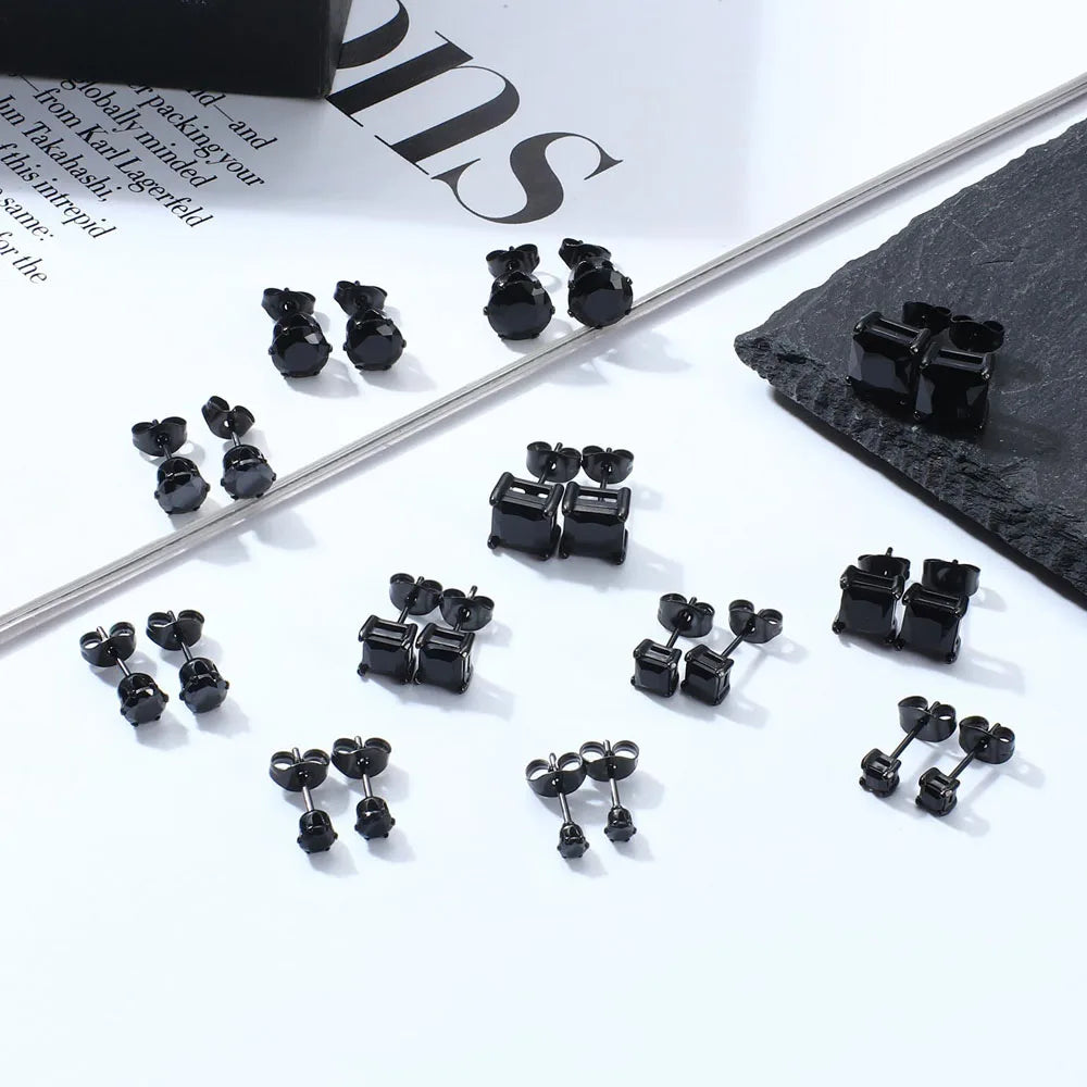 1-2 Pairs Hypoallergenic 316L Stainless Steel Square Round CZ Stud Earrings Sensitive Ear Studs Jewelry Set for Men Women 3-8MM