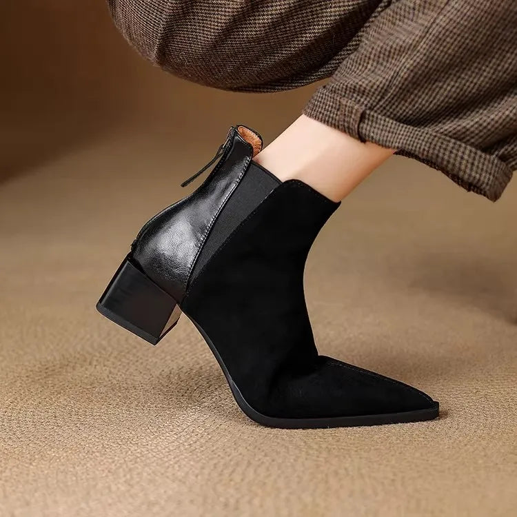 Autumn Winter Women Thick Heel Ankle Boots Elegant Back Zippers Shoes Modern Leather Suede Splicing Short Botas Para Mujer