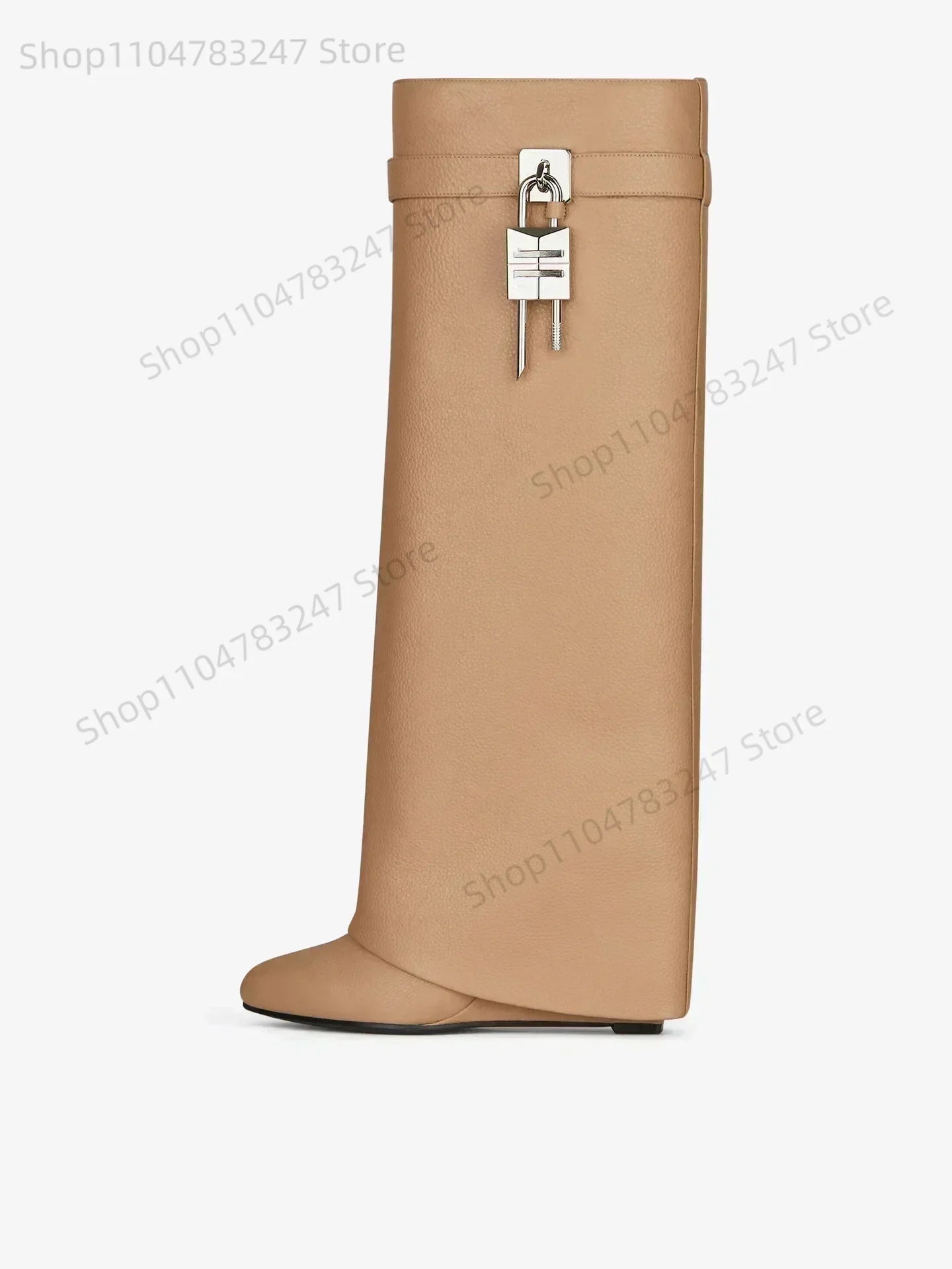 2025 Autumn Winter Lock Boots Women Designer Knee Boots Women Brand High Heel Knight Boots Fold Fashion Gothic Wedge Long Boot