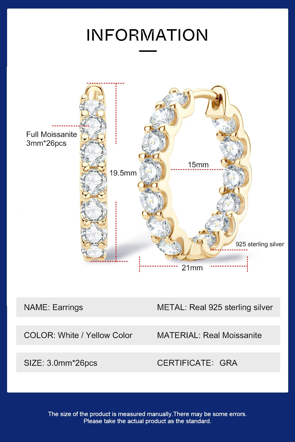 Hoops 3mm Full Moissanite Earrings Original Certified 925 Silver Plated 18K Gold Diamond Hoop Earring  for Women Wedding Jewelry