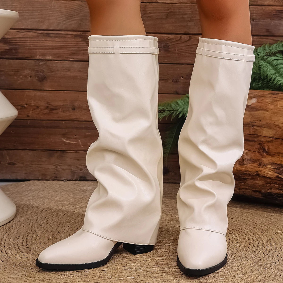 Fashion Fold Over Knee High Boots for Women Slip On Chunky High Heel Shark Boots Woman Wide Leg PU Leather Long Botas Mujer 2025