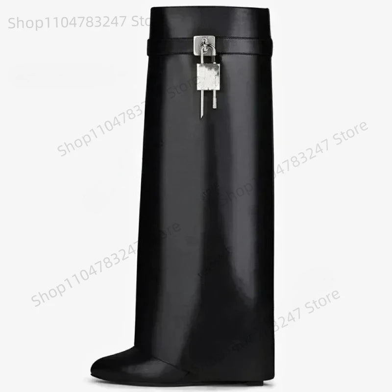 2025 Autumn Winter Lock Boots Women Designer Knee Boots Women Brand High Heel Knight Boots Fold Fashion Gothic Wedge Long Boot