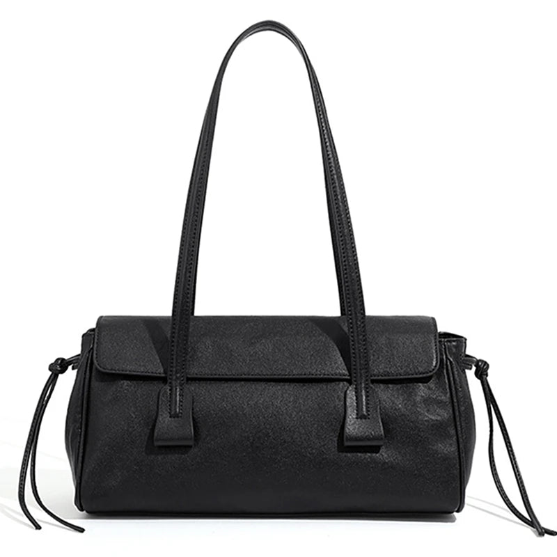 2025 New Genuine Leather Women's Shoulder Bag Large Capacity Cowhide Luxury Handbag Long Strip Black Baguette Bag Female