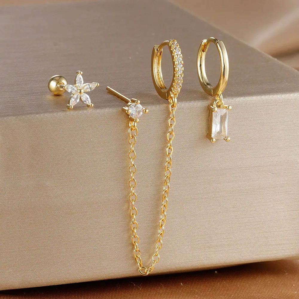 3PCS Set Stainless Steel Crystal CZ Butterfly Ear Stud Earring Gold Plated Pendant Water Drop Cartilage Earring Piercing Jewelry