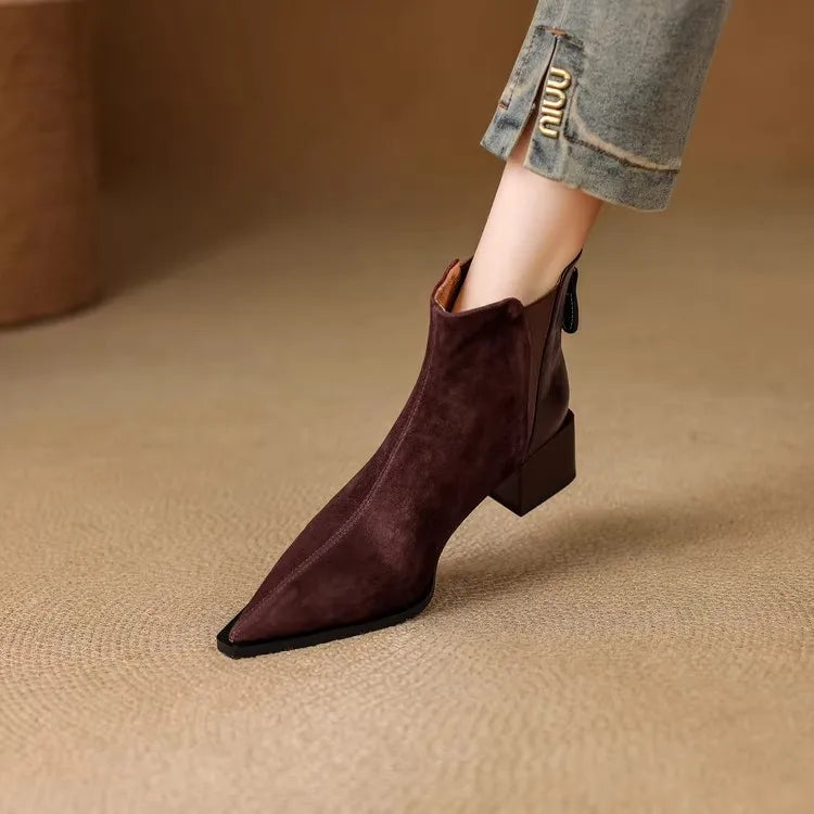 Autumn Winter Women Thick Heel Ankle Boots Elegant Back Zippers Shoes Modern Leather Suede Splicing Short Botas Para Mujer