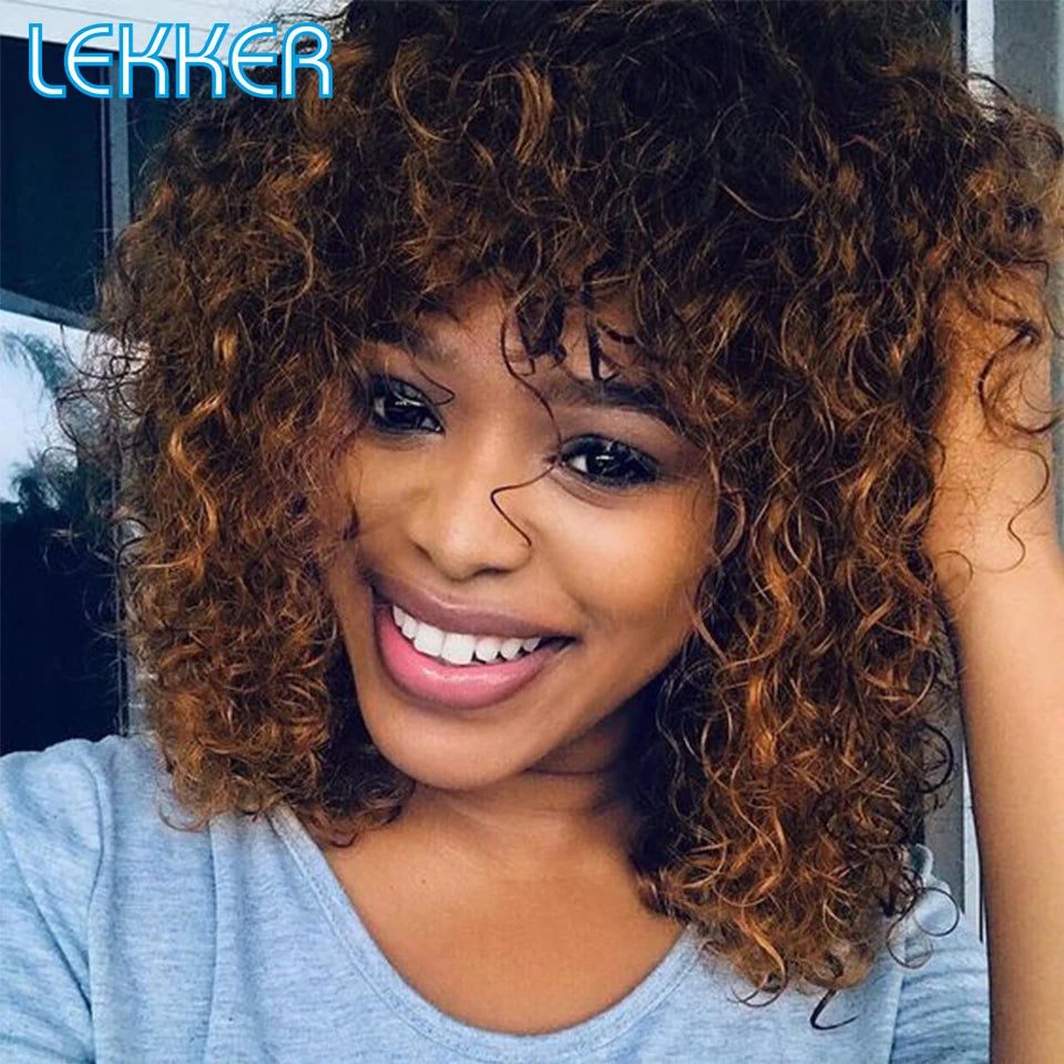 Lekker Colored Short Pixie Afro Kinky Curly Bob 100% Human Hair Wigs For Women Brazilian Remy Hair Ombre Brown Clearance Ginger