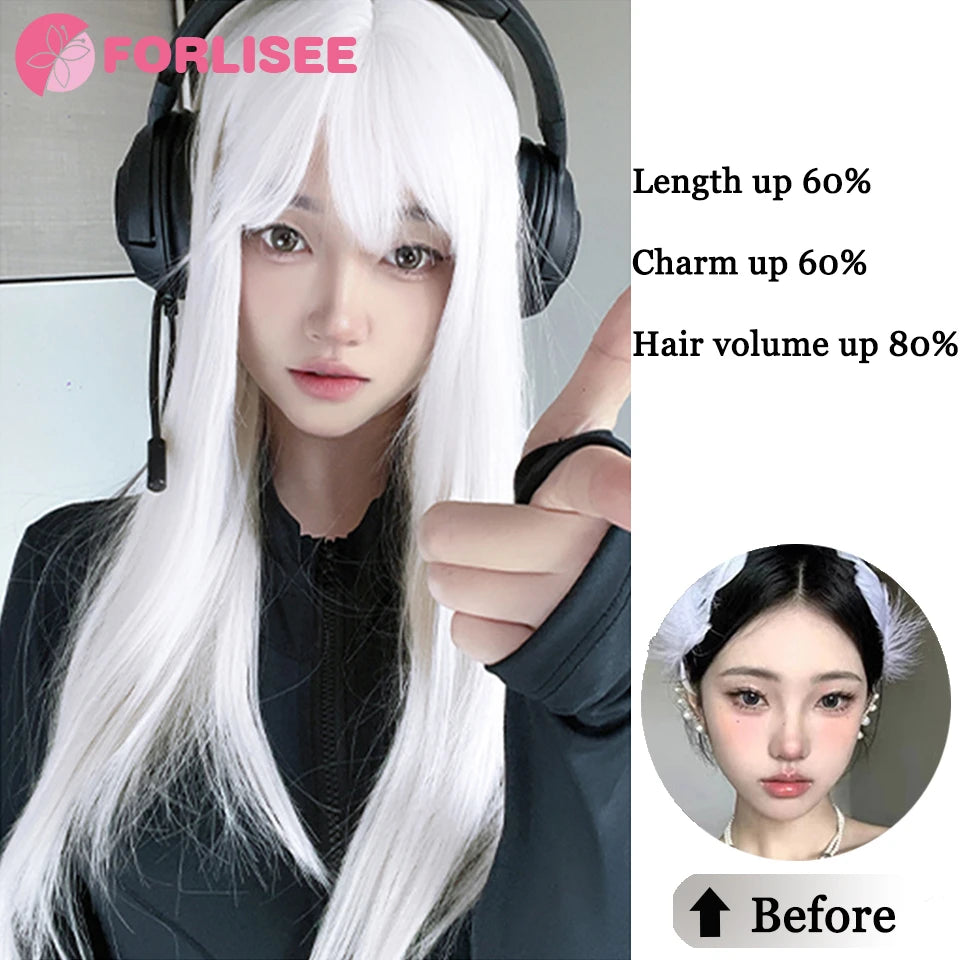 FORLISEE Synthetic White Wig Women's Long Hair Full Head Cover Lolita Japanese Cos Air Bang Long Straight Hair Wig Cover