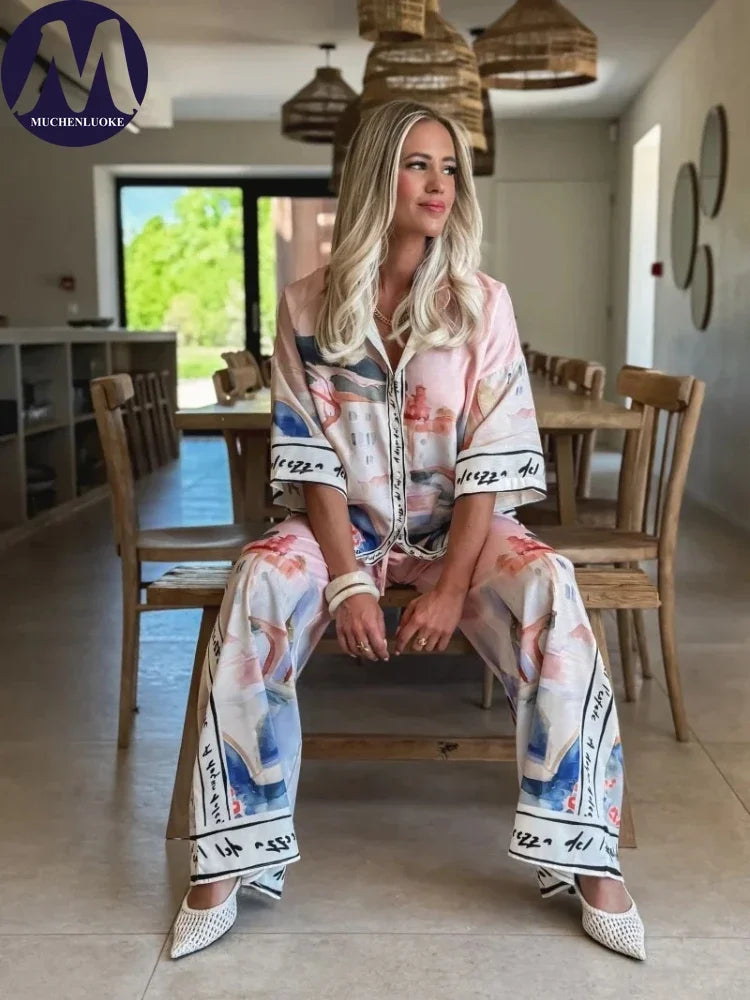 2 Pieces Set for Woman Summer New Elegant Printed Half Sleeves Shirt Tops Suits Fashionable Casual Loose Wide Leg Pants Sets