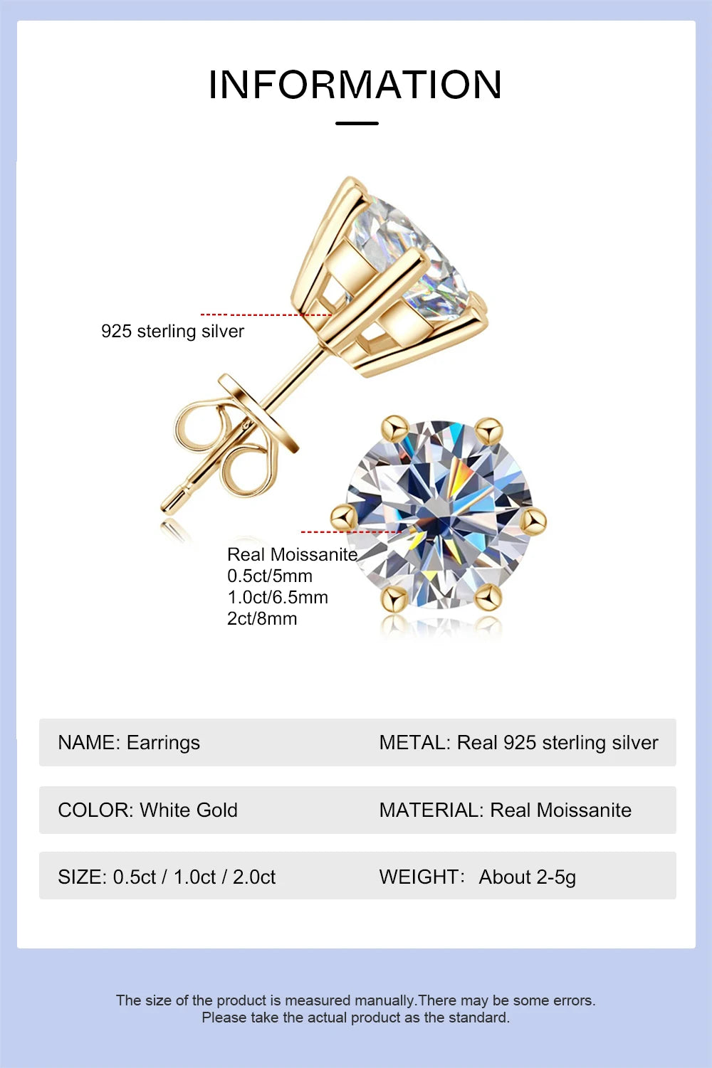 0.5-2ct Moissanite Diamond Stud Earrings 18K Yellow Gold Plated 925 Silver Wedding Earring for Women Men Luxury Jewelry with GRA