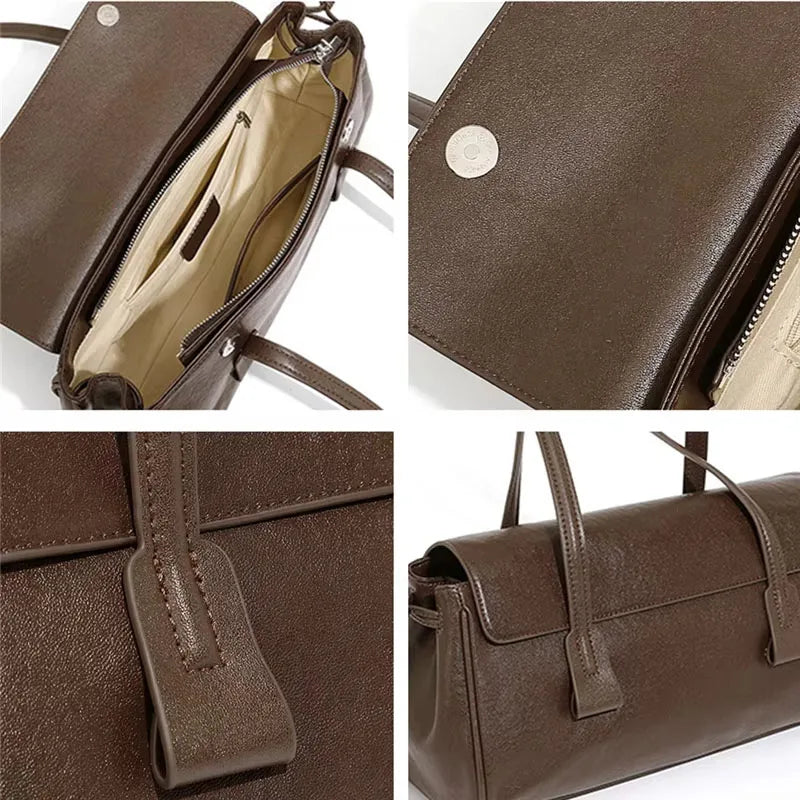 2025 New Genuine Leather Women's Shoulder Bag Large Capacity Cowhide Luxury Handbag Long Strip Black Baguette Bag Female