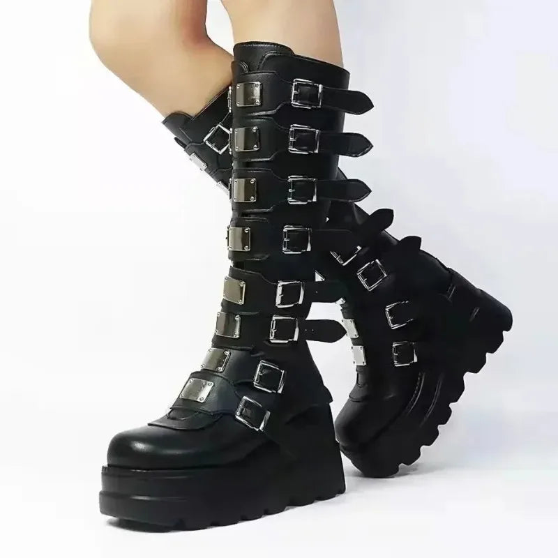 Long Boots for Women Gothic Shoes Platform Knee High Boots Punk Black Sexy Motorcycles Boots New Halloween Cosplay Women's Shoes