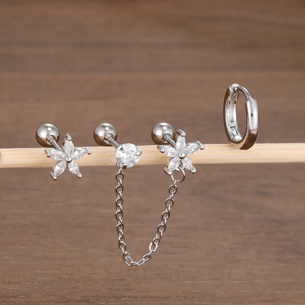 3PCS Stainless Steel Zircon Flower Star Ear Stud Earrings Set 14K Gold Plated Chain Cartilage Piercing Earring Women's Jewelry