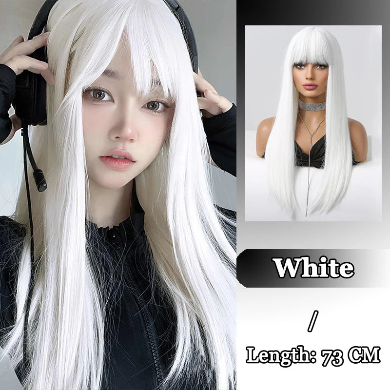FORLISEE Synthetic White Wig Women's Long Hair Full Head Cover Lolita Japanese Cos Air Bang Long Straight Hair Wig Cover