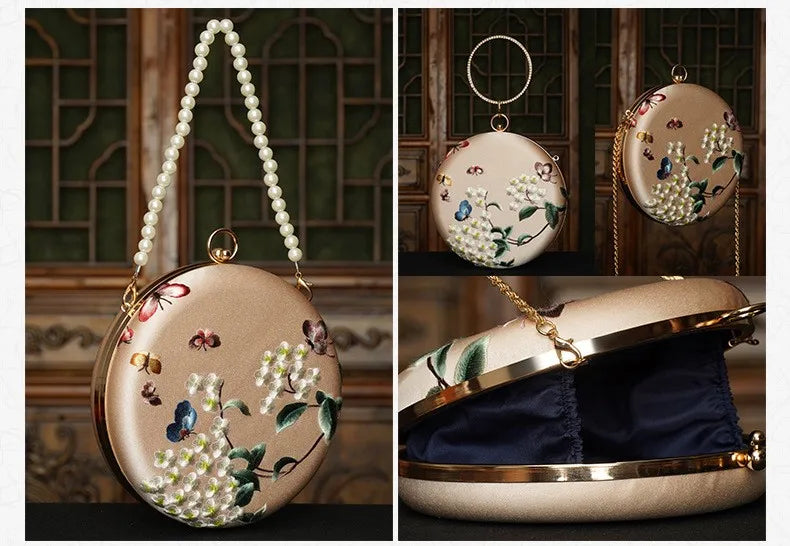 Cape-Bay Small Women's Bag, Silky Polyester Embroidered Bag, Embroidered Women's Bag, Retro Accessory Bag for Cheongsam, Chinese Ethnic Style Women's Ancient Style Small Bag, Noble Lady's Chain Bag, Gold Metal Frame Hard Shel