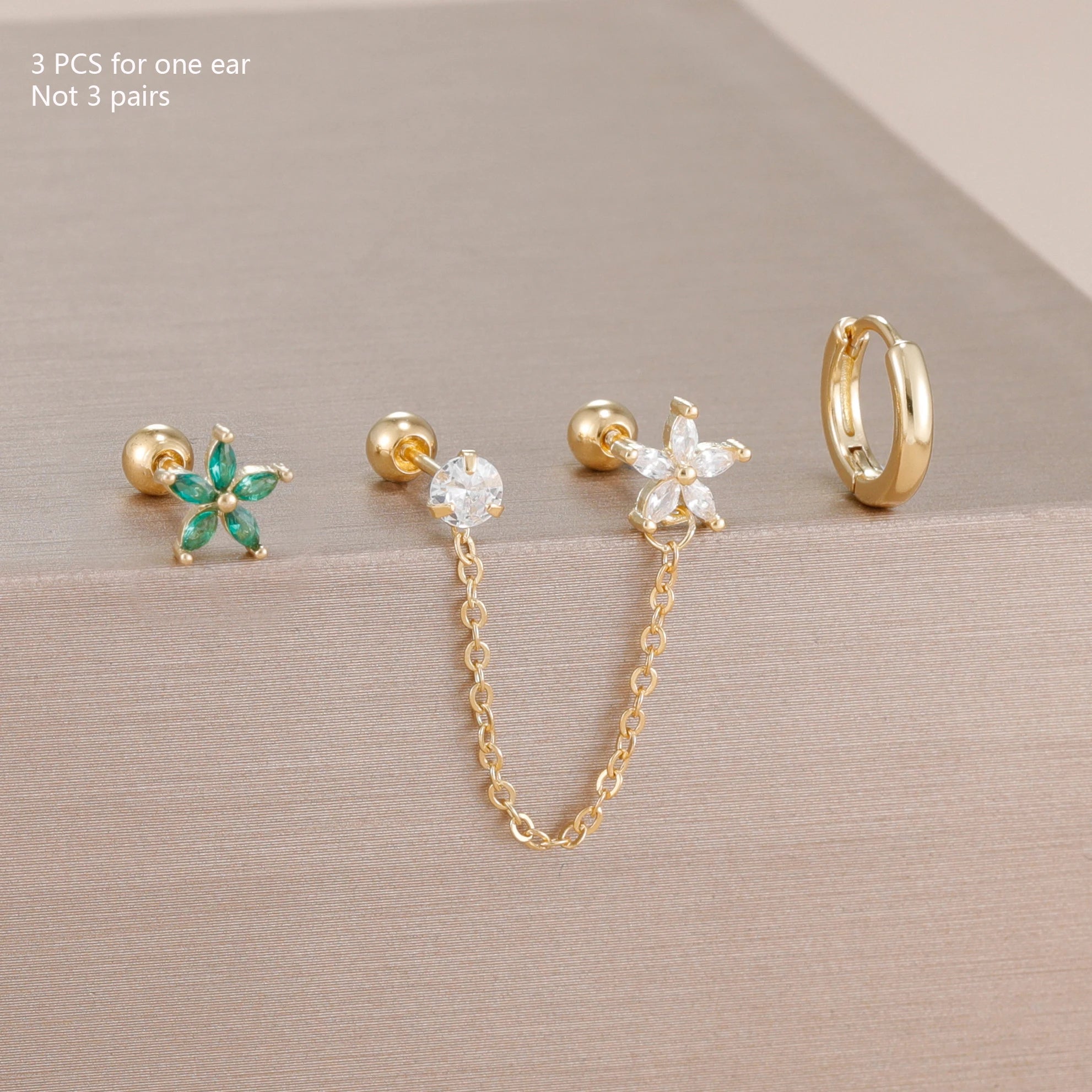 3PCS Stainless Steel Zircon Flower Star Ear Stud Earrings Set 14K Gold Plated Chain Cartilage Piercing Earring Women's Jewelry