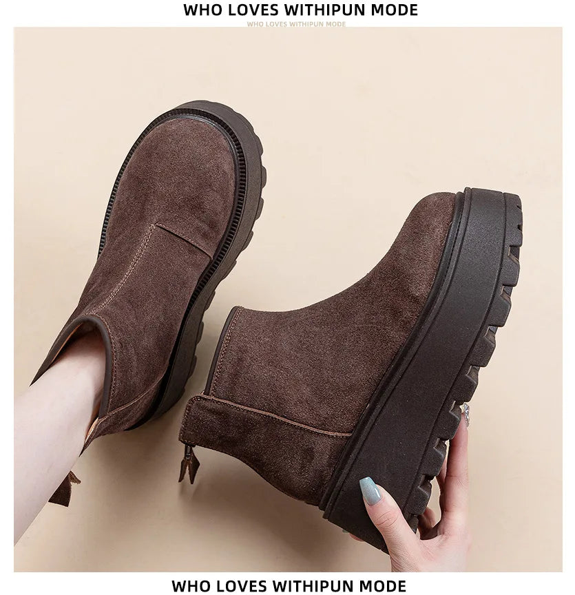 Fujin 7cm Suede Cow Genuine Leather Snow Boots Women Ankle Booties Platform Wedge Winter Plush Chelsea Boots Shoes for Women