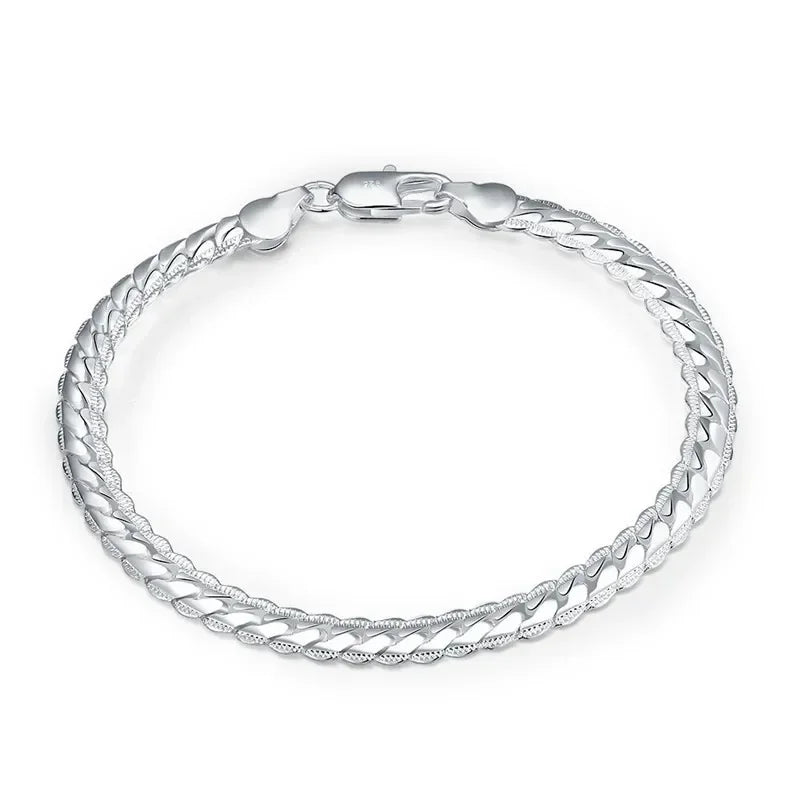 925 Sterling Silver 2 Piece Full Side Chain Necklace Bracelet Women Men Fashion Jewelry Set Wedding Gift