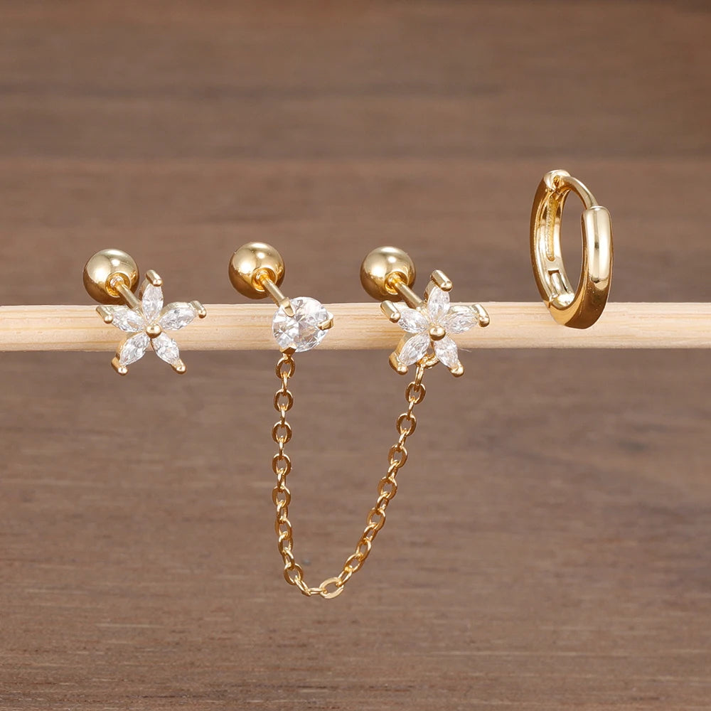 3PCS Stainless Steel Zircon Flower Star Ear Stud Earrings Set 14K Gold Plated Chain Cartilage Piercing Earring Women's Jewelry