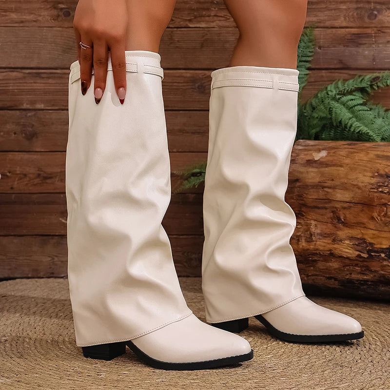 Fashion Fold Over Knee High Boots for Women Slip On Chunky High Heel Shark Boots Woman Wide Leg PU Leather Long Botas Mujer 2025