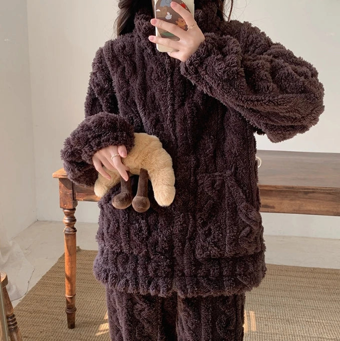 Autumn and Winter Fashion Two Piece Set 2Pcs Jacquard Textured Stand Collar Zip Up Fuzzy Teddy Top & Pants Set for Women