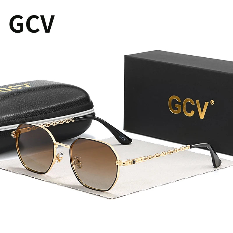 GCV brand classic retro women's rectangular square metal frame glasses, sunglasses, Polaroid lenses,Box Oculos De Sol Gafas