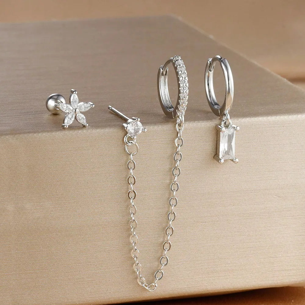 3PCS Set Stainless Steel Crystal CZ Butterfly Ear Stud Earring Gold Plated Pendant Water Drop Cartilage Earring Piercing Jewelry