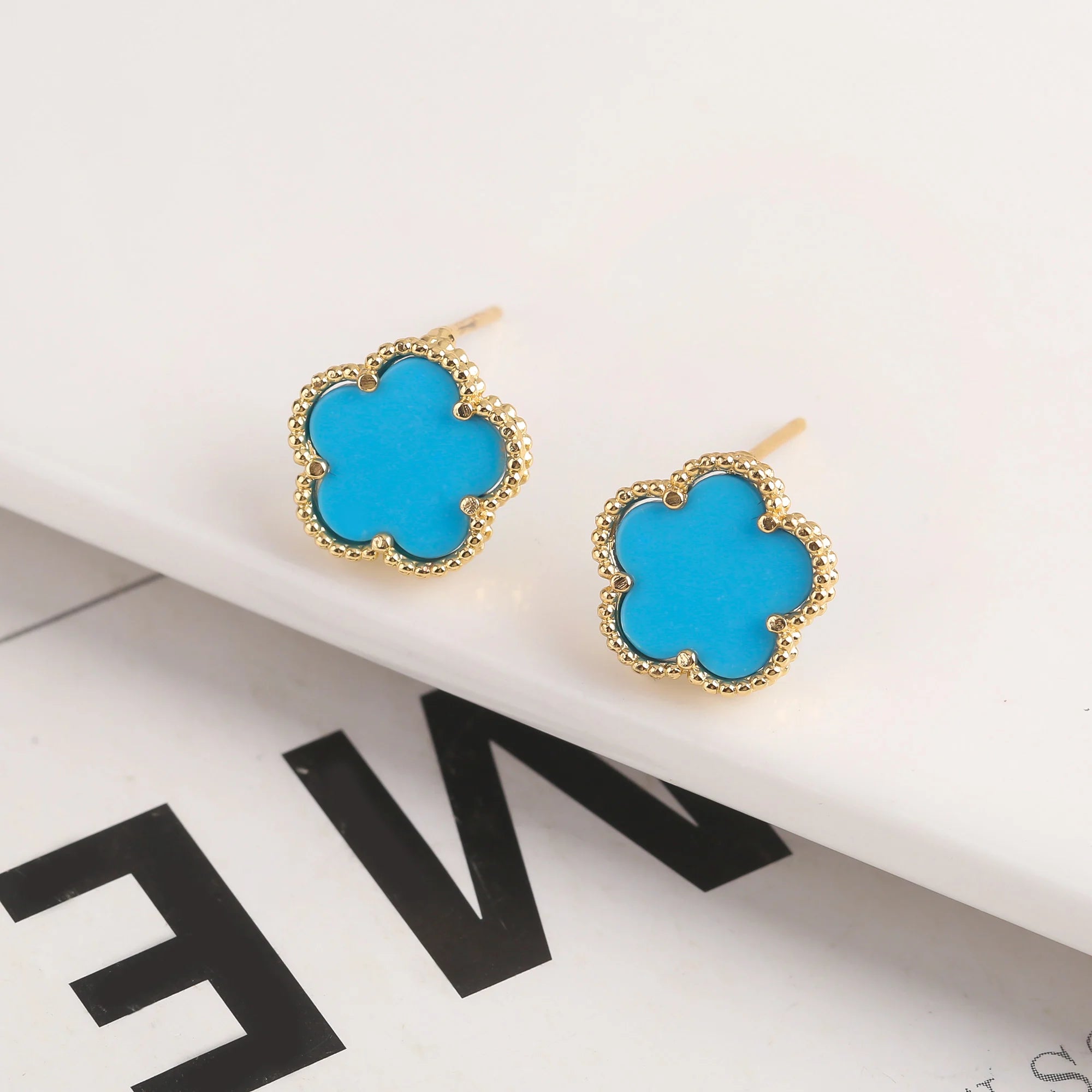 18K Gold Plated High Quality Simple Plant Five Leaf Flower Natural Stone Metal Pendant Necklace Earring Set Women's Clover