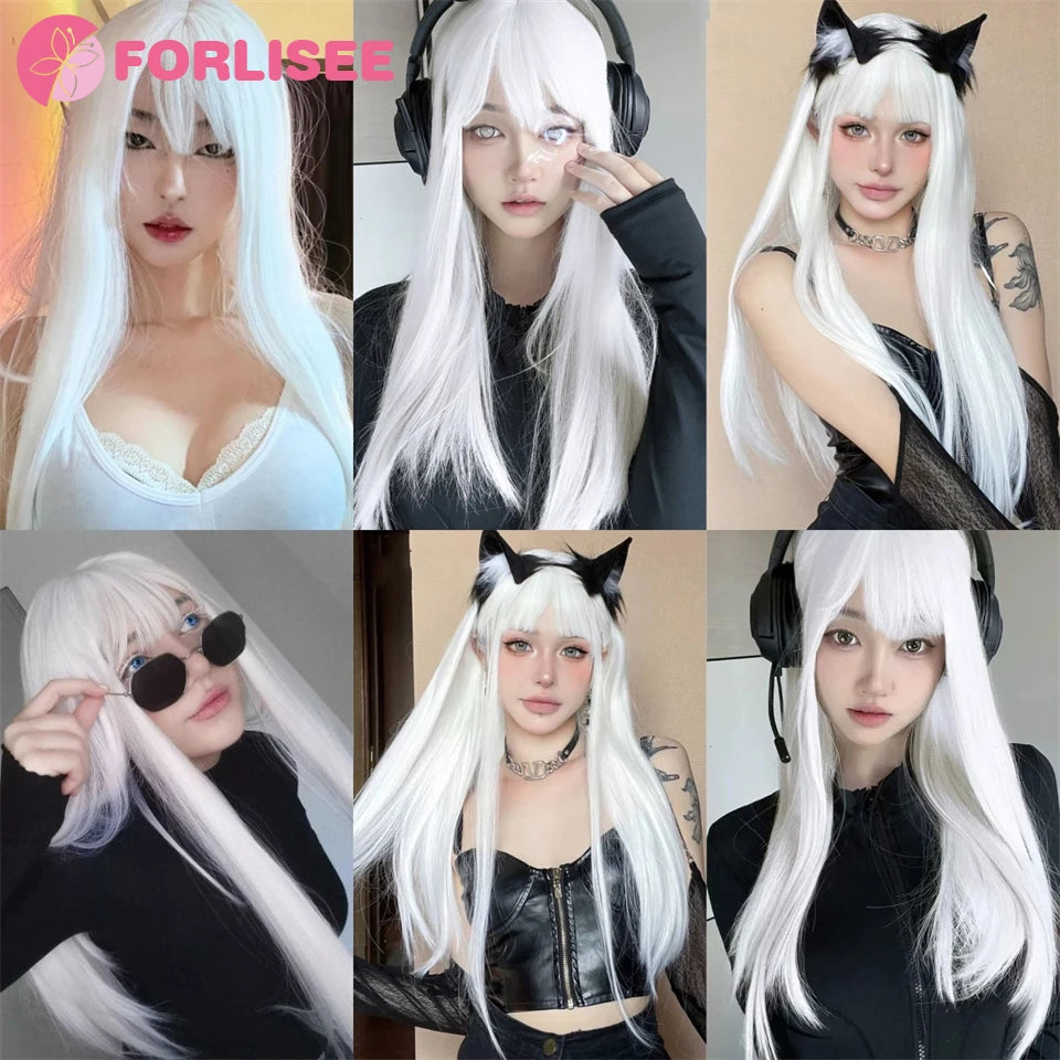 FORLISEE Synthetic White Wig Women's Long Hair Full Head Cover Lolita Japanese Cos Air Bang Long Straight Hair Wig Cover