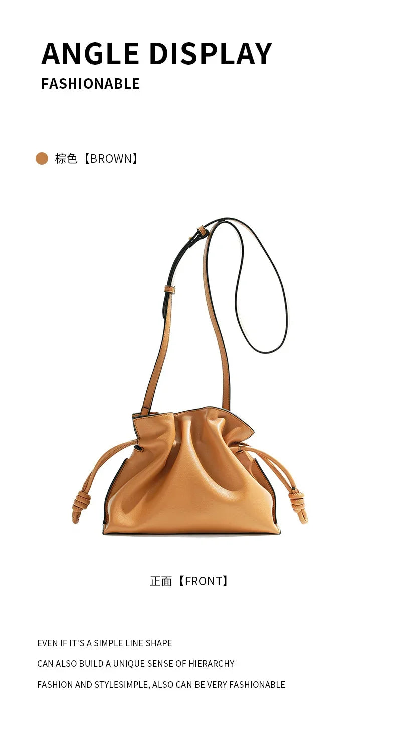 Classic Flamenco Lucky Bag, Genuine Leather Cloud Bag with Drawstring, Shoulder Bucket Bag for Women, Autumn and Winter