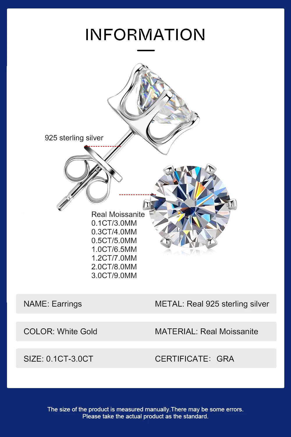 0.1-3ct Moissanite Diamond Stud Earrings for Women Men 925 Silver Original Certified Plated 18k Gold Earring Wedding  Jewelry