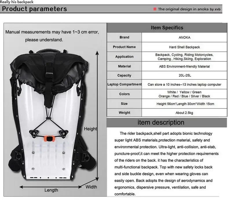 25L Motorcycle Riding Hard Shell Luggage Backpack Shoulder Waterproof Motocross/Moto Racing Protective Drop ABS Tank Bags
