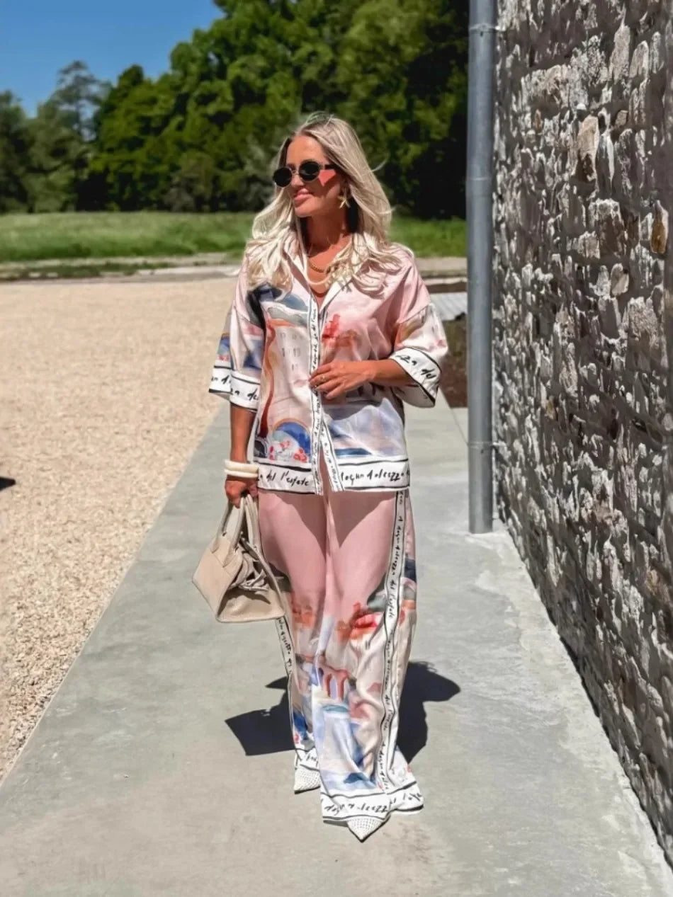 2 Pieces Set for Woman Summer New Elegant Printed Half Sleeves Shirt Tops Suits Fashionable Casual Loose Wide Leg Pants Sets