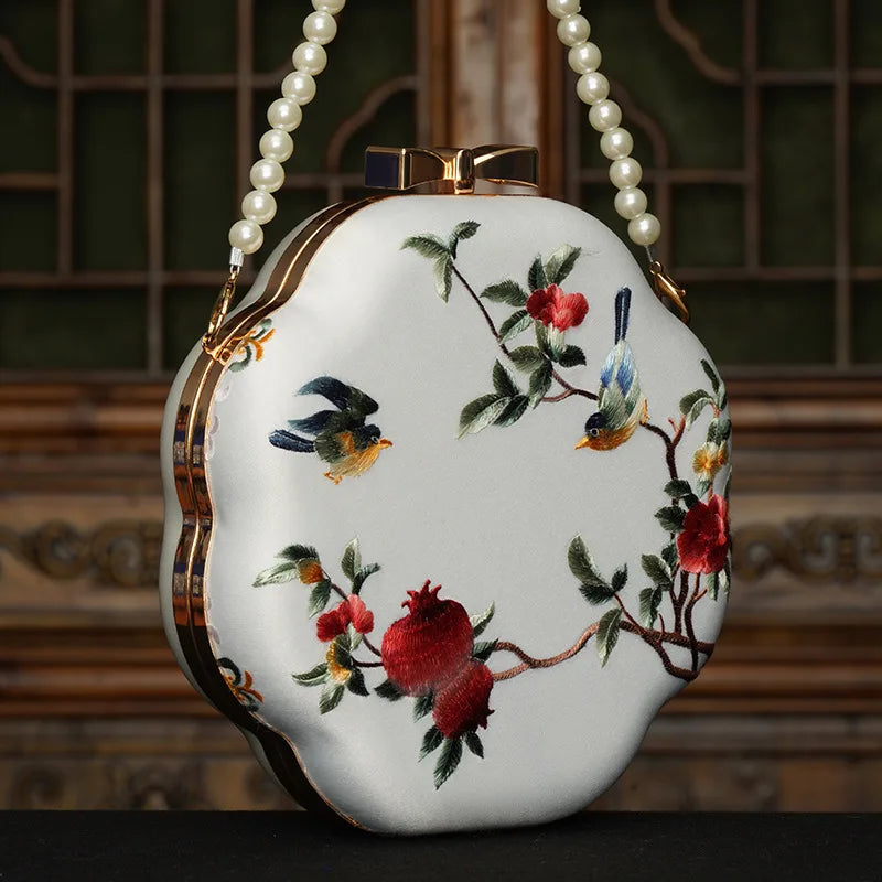 Cape-Bay Retro Versatile Women's Small Round Bag Mini Bag Chain Bag Bead Bag New Middle-Aged Mother Bag Ethnic Style Flower and Bird Embroider Shoulder Bag Crossbody Bag Wedding Banquet Wedding Bag with Cheongsam Bag Hard She
